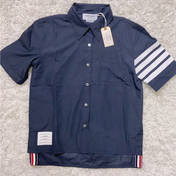 NWT Thom Browne Navy 4-Bar Flyweight Tech Short Sleeve Button Down Shirt - Picture 5 of 13